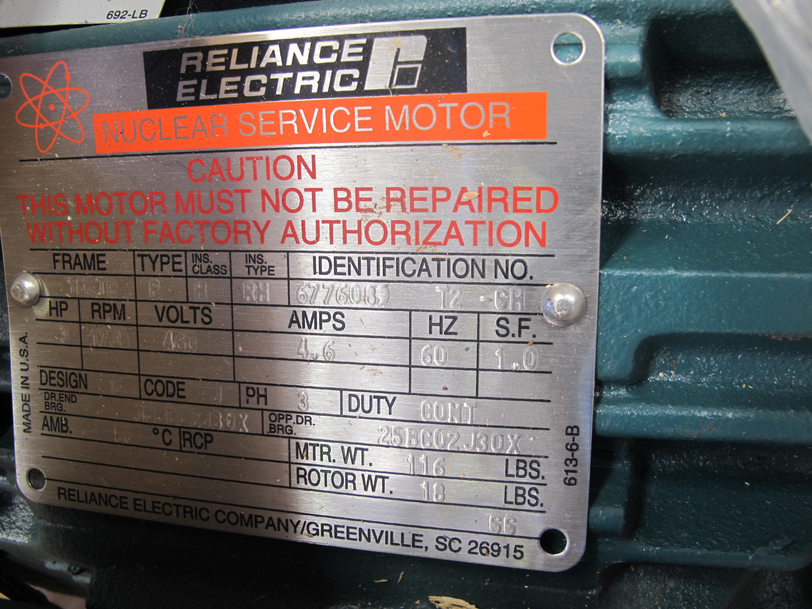 MOTOR, ELECTRIC TYPE, 3 HORSEPOWER, 460VAC 3 PHASE 60HZ ELEC RATING, 1730 RPM, 182TC FRAME, 4.6 AMPS, TEFC ENCLOSURE, CONTINUOUS DUTY, 1.0 SERVICE FACTOR, 1-1/8" DIA SHAFT. FACE MOUNT, WITH SLOT KEY INSULATION CLASS 'H' TYPE 'RH',50C MAX AMBIENT TEMPERATURE NEMA DESIGN 'B' NEMA LOCKED ROTOR CODE 'J', PART # 6776089 (W-44) LOADING & HANDLING FEE $15-